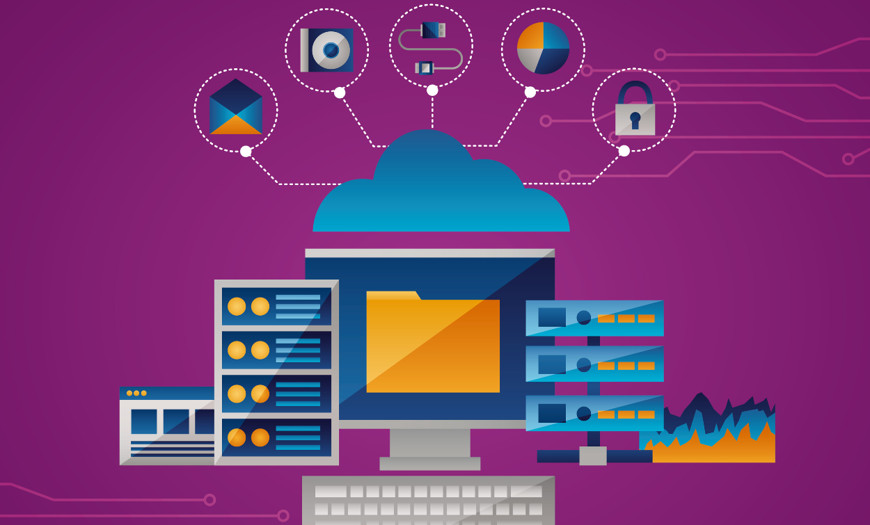 Cloud computing and data management concept showing interconnected servers, security, and analytics tools.