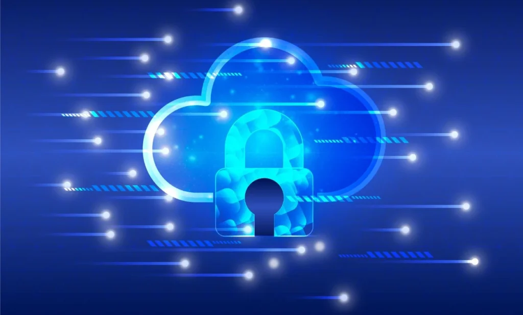 Cloud security illustration showing a secure cloud with a lock symbol and data protection network lines.