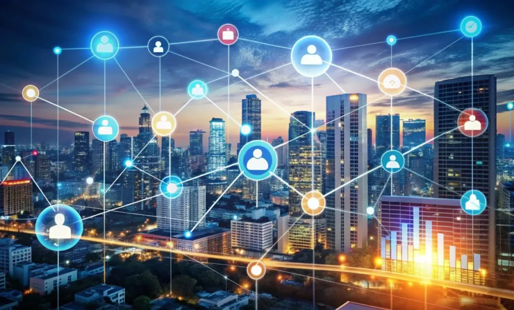 A nighttime city skyline with illuminated skyscrapers overlaid with a digital network of interconnected user icons, lines, and data symbols, representing online connectivity, networking, and data exchange in a modern urban environment.