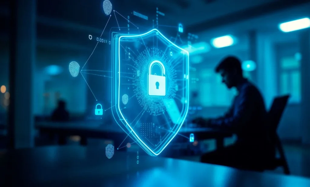 A cybersecurity-themed scene showing a glowing digital shield with a padlock icon overlaying a blurred office background where a person works on a computer.