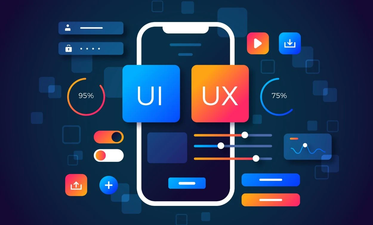 A vibrant UI/UX design illustration showing a smartphone interface surrounded by colorful UI elements, icons, sliders, progress charts, and buttons, representing modern user interface and user experience design concepts.