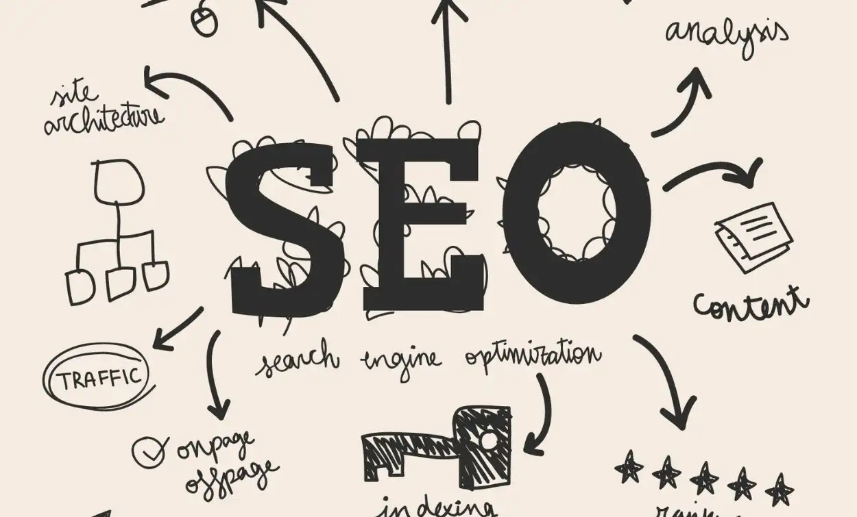 A hand-drawn style illustration featuring the large letters “SEO” in the center, surrounded by doodles and arrows pointing to related concepts such as site architecture, analysis, content, ranking, traffic, and on-page/off-page optimization.