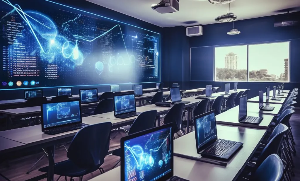 Modern IT training classroom with laptops on desks and a large digital screen displaying advanced technology and data visuals.