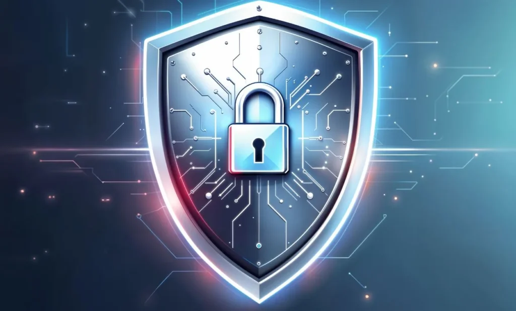 Cybersecurity shield with digital lock symbol representing advanced network security, data protection, and professional cybersecurity training in Bangalore.