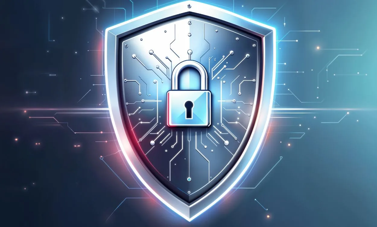 Cybersecurity shield with digital lock symbol representing advanced network security, data protection, and professional cybersecurity training in Bangalore.