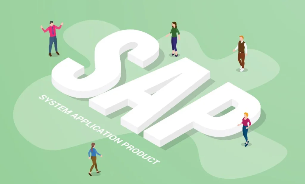 SAP System Application Product illustration with professionals collaborating around SAP technology