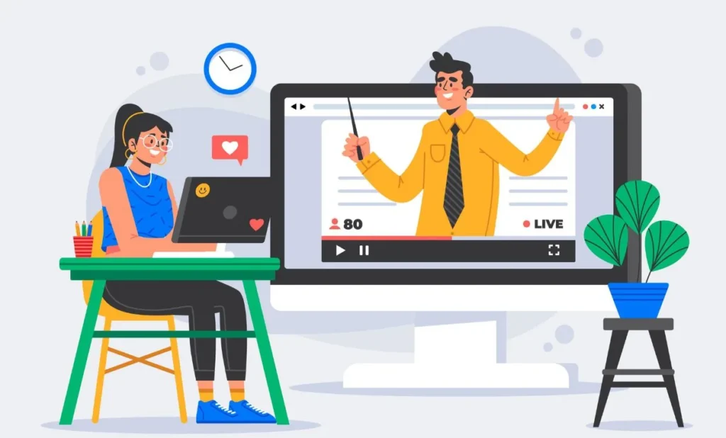 Student attending a live online software training session with an expert instructor on a computer screen.