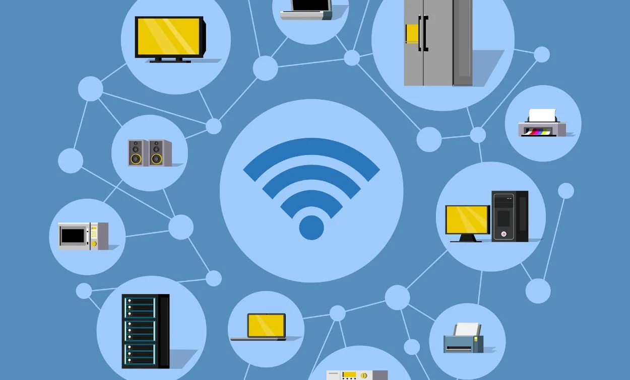 Wireless network connecting multiple devices including computers, servers, printers, and smart appliances over Wi-Fi.