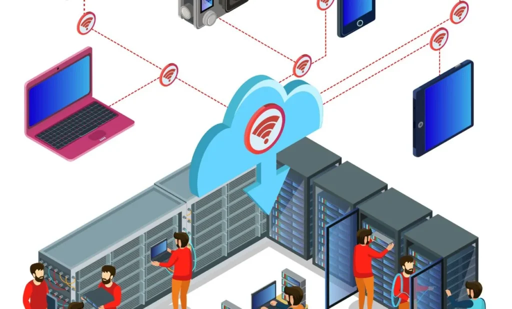 Illustration of cloud computing infrastructure showing servers, networking devices, laptops, and connected devices in a data center environment.