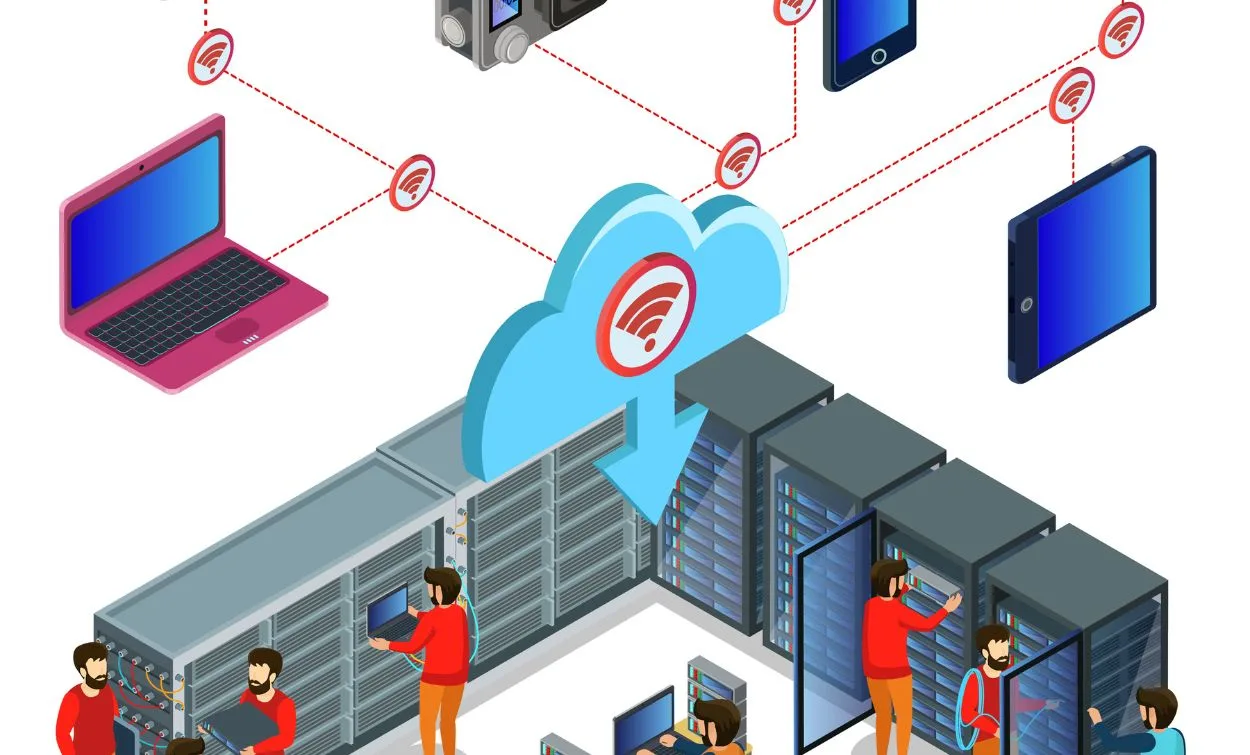 Illustration of cloud computing infrastructure showing servers, networking devices, laptops, and connected devices in a data center environment.