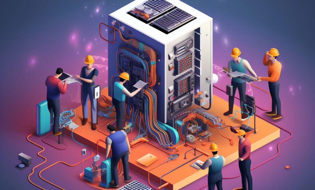 Technicians working on hardware and networking systems, configuring servers and cables inside an IT infrastructure setup.