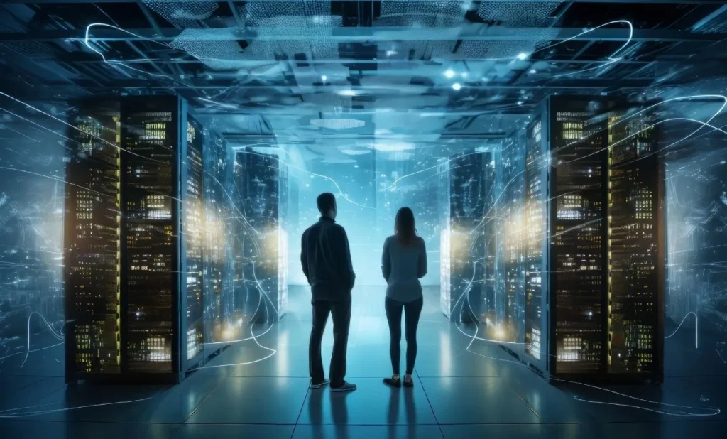 IT professionals standing in a modern data center with server racks, representing networking and hardware certification careers.
