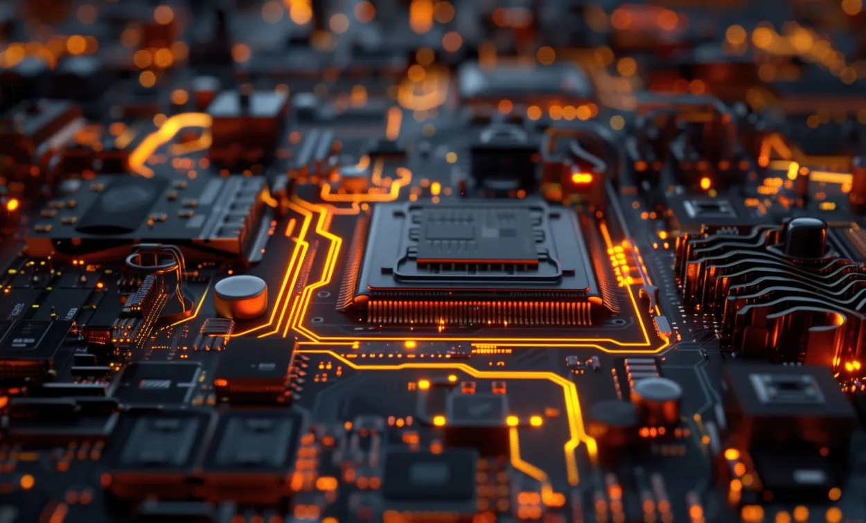 Hardware and networking motherboard circuit illustration for IT training
