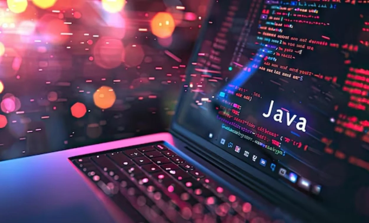 Laptop screen displaying Java programming code, representing Java software development training and coding skills.
