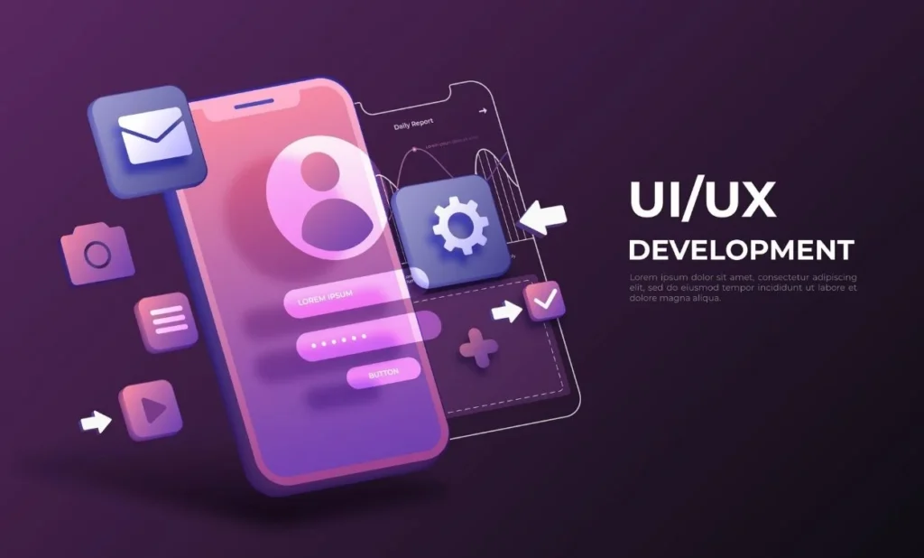 UI/UX design illustration showing mobile app interface, user profile screen, settings icon, and design elements on a purple background.