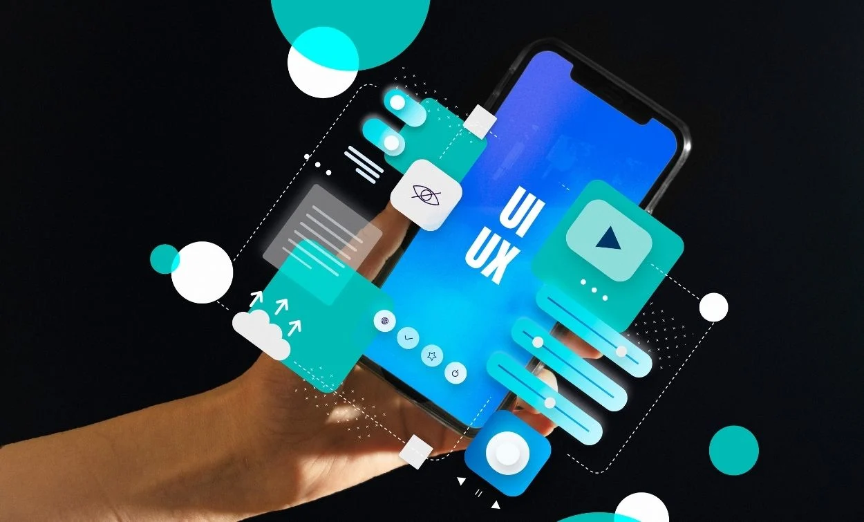 UI/UX design concept showing mobile app interface, user experience elements, and modern design components on a smartphone screen.