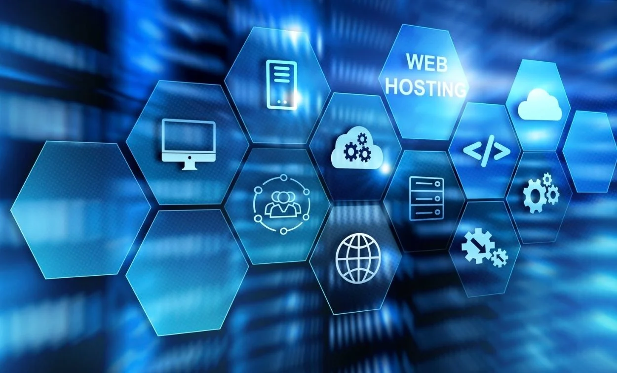 Illustration of web hosting, cloud computing, servers, networking icons, and digital technology infrastructure.