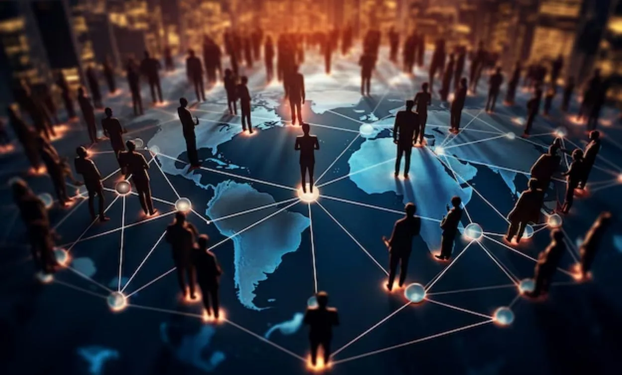 People connected through a global digital network illustrating cyber security, data connectivity, and worldwide IT infrastructure.