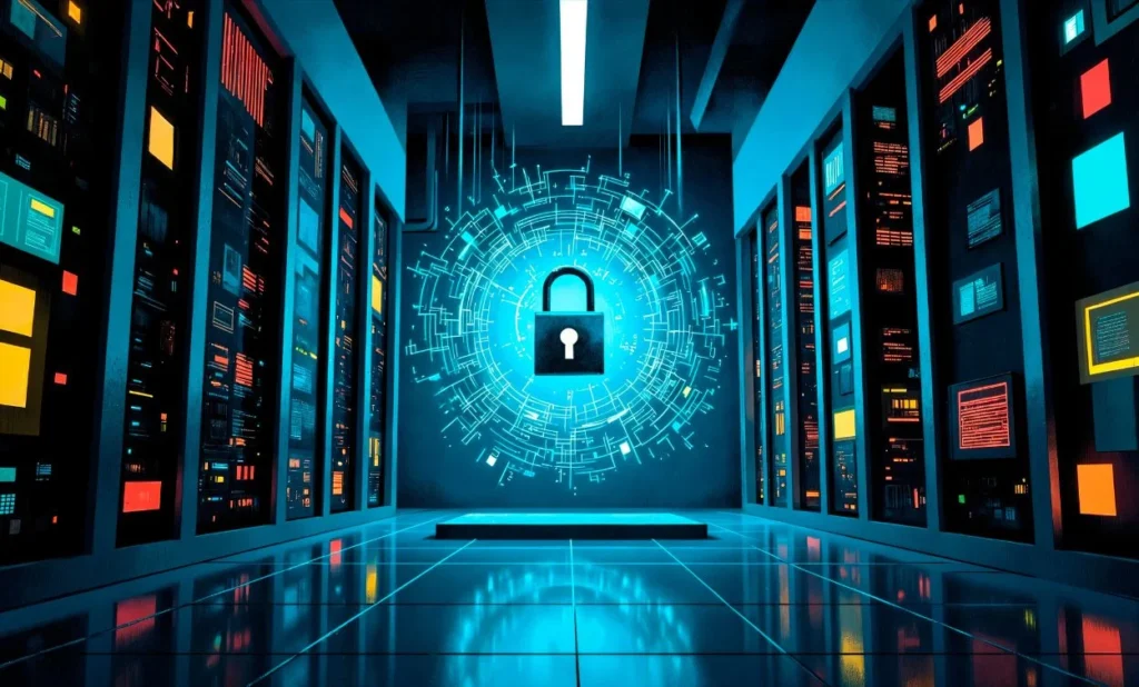 Cybersecurity data center with digital lock symbol representing network and information security
