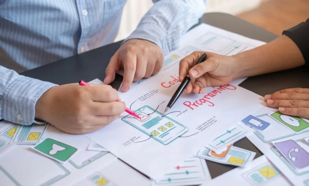 UI/UX designers collaborating on mobile app wireframes and interface design planning on paper