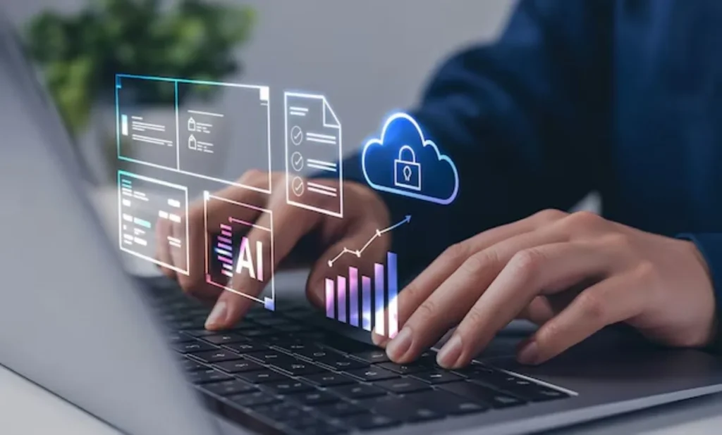Person working on laptop with digital AI, cloud lock, and analytics dashboard icons representing AWS cloud computing and data security technology.