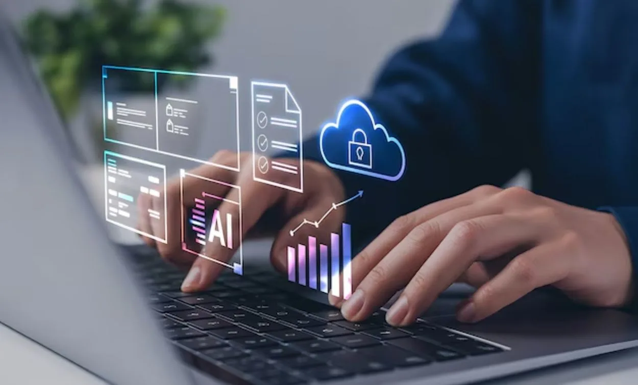 Person working on laptop with digital AI, cloud lock, and analytics dashboard icons representing AWS cloud computing and data security technology.