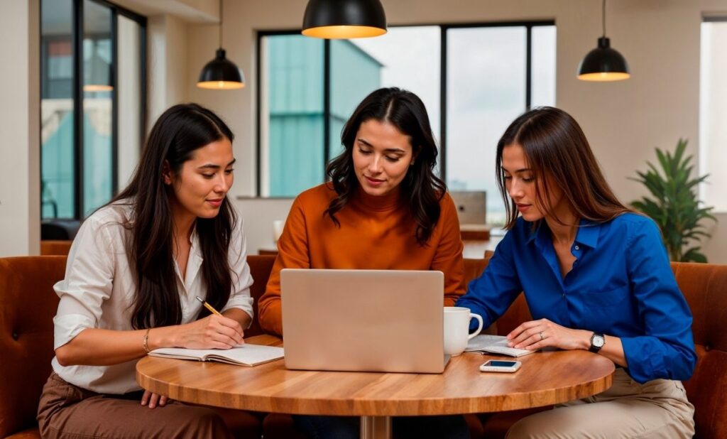 Three women collaborating on a laptop at a table in a modern office setting with notebooks and coffee.