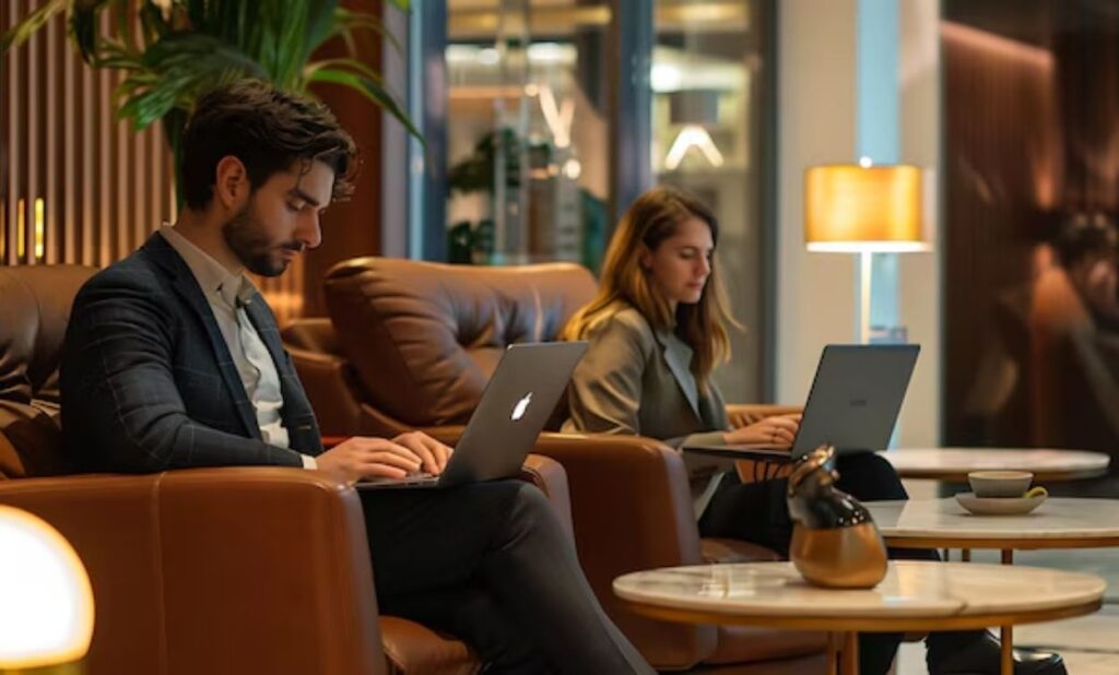 A calm and professional workspace where two young professionals are focused on their work using laptops in a modern lounge setting. The comfortable seating, warm lighting, and quiet atmosphere reflect productivity, concentration, and a balanced work environment.