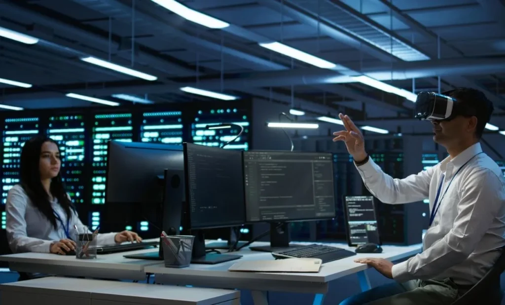 Networking professionals working in a modern data center lab with multiple screens and advanced technology during CCNA training.