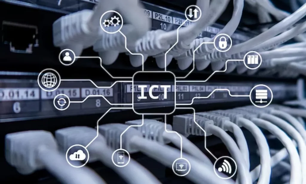 ICT network infrastructure with servers, cables, and digital connectivity icons representing information and communication technology.