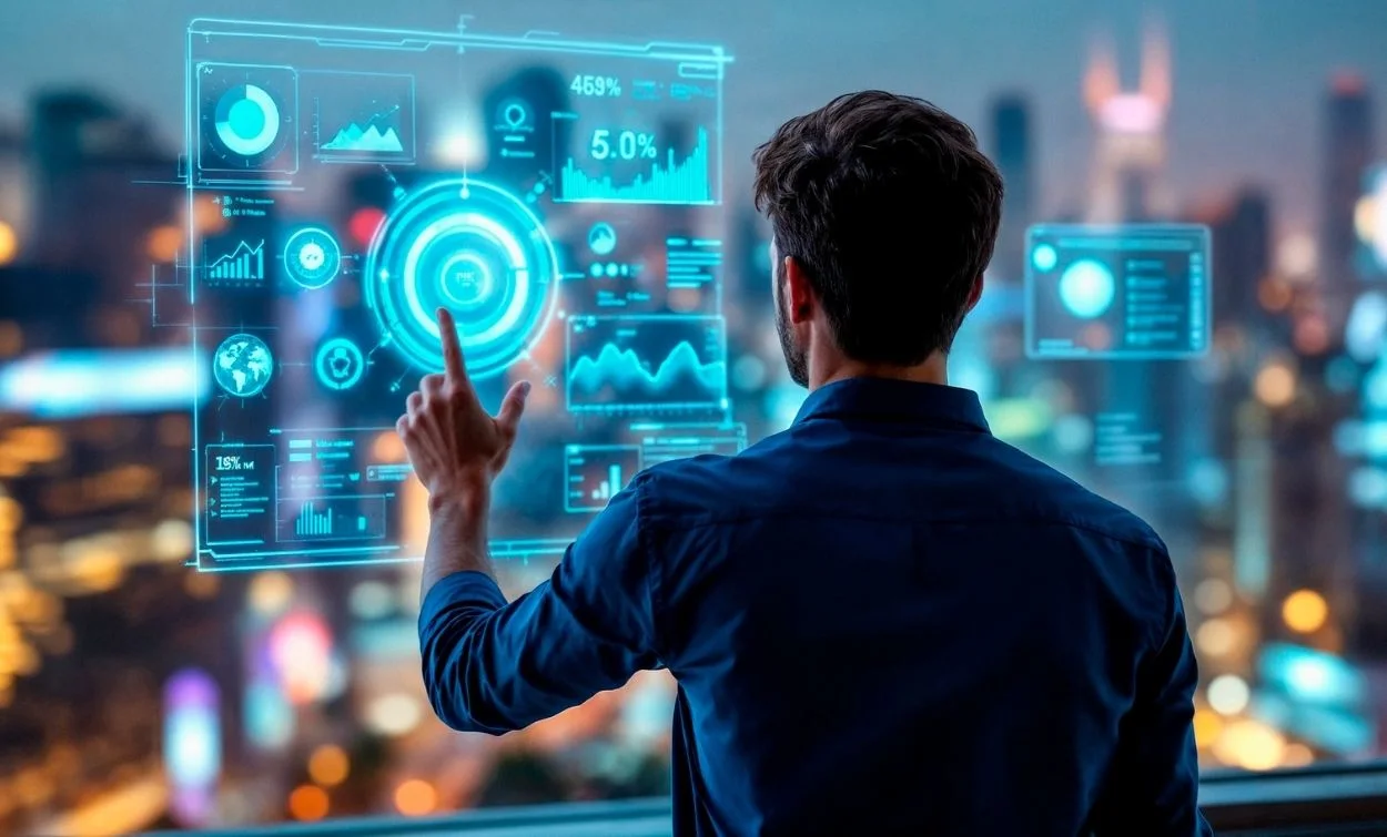 Man interacting with a futuristic transparent data dashboard showing graphs, charts, and AI analytics, overlooking a city skyline at night.