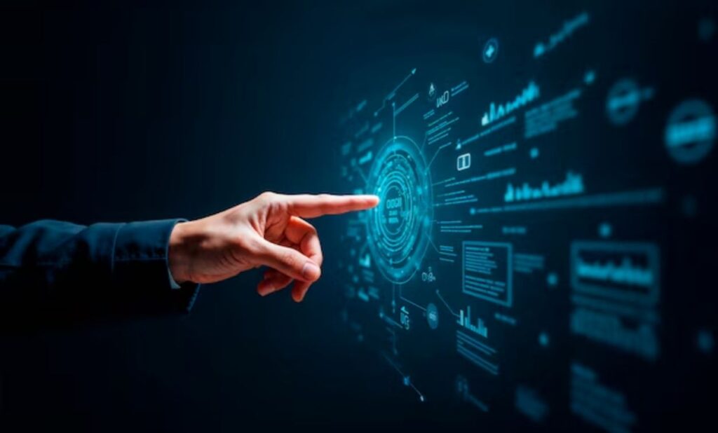 A person interacting with a futuristic digital interface displaying data analytics, AI technology, and advanced system dashboards, representing innovation, digital transformation, and modern technology solutions.