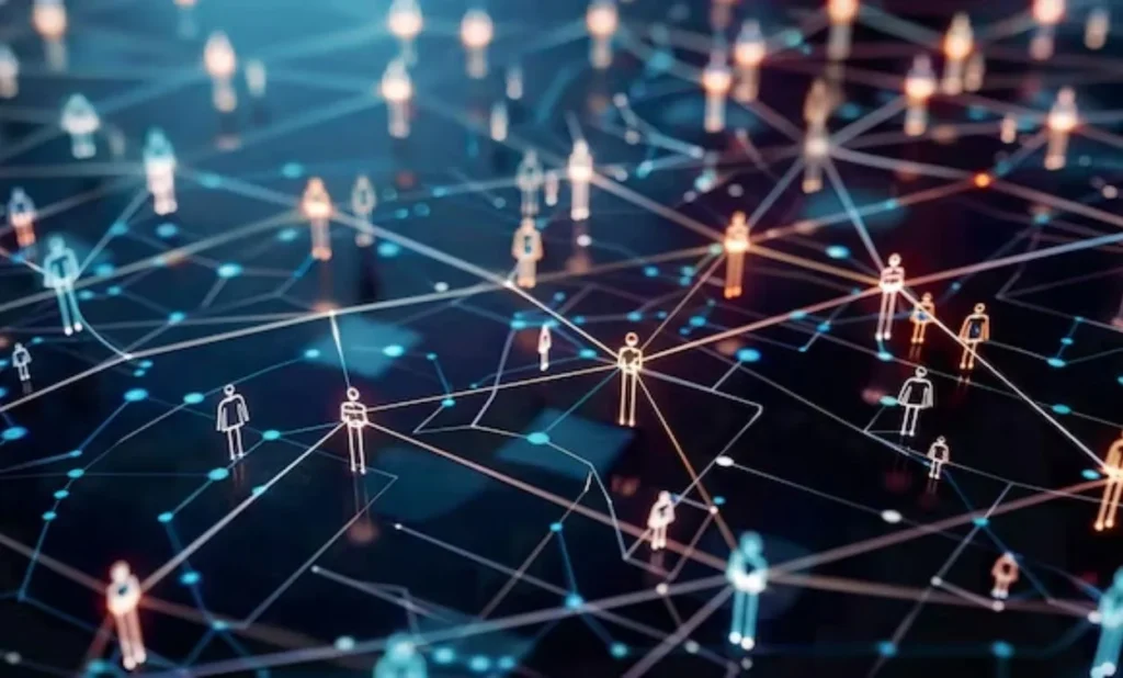 Illustration of people icons connected through digital network lines representing hardware and networking systems.