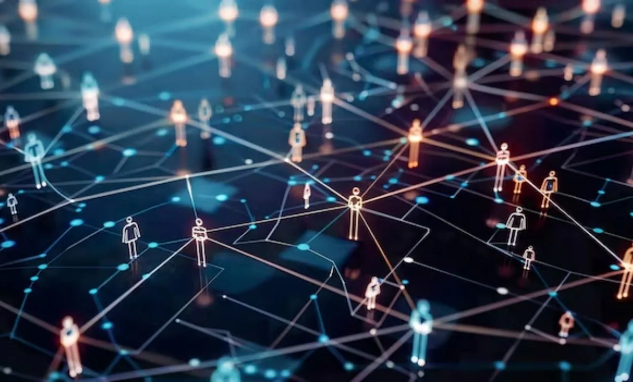Illustration of people icons connected through digital network lines representing hardware and networking systems.