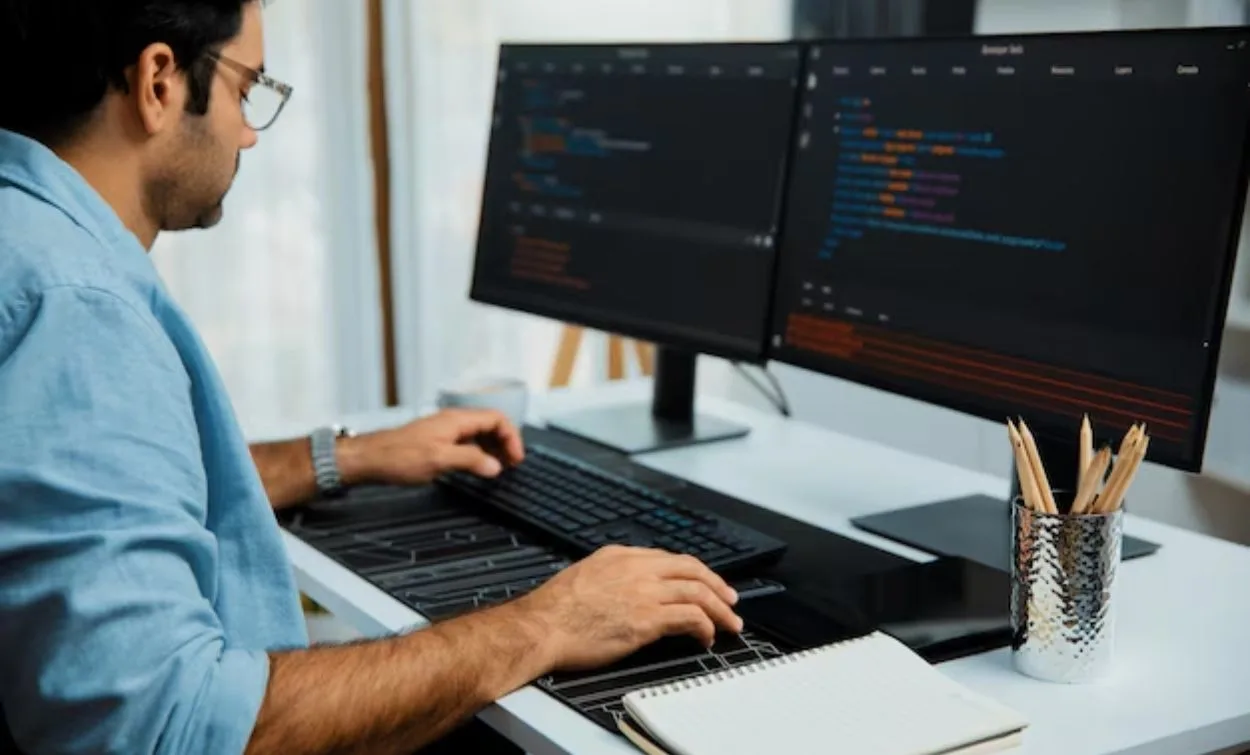 Software developer working on code using dual monitors at a modern workspace.