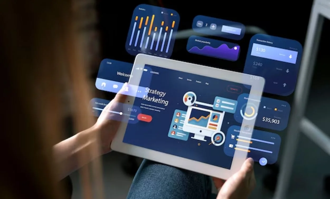 Interactive Power BI dashboard displayed on a tablet showing marketing analytics, performance metrics, and data visualization tools for business insights report.
