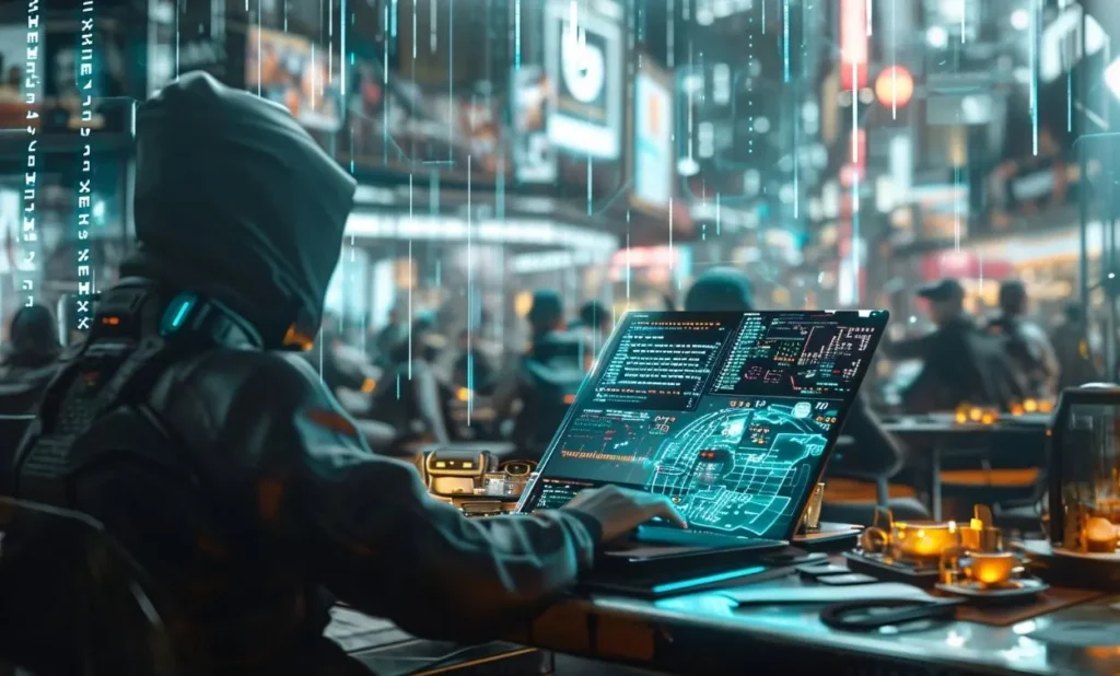 Cyber security expert performing ethical hacking on a laptop with advanced digital security interface in a futuristic city environment.