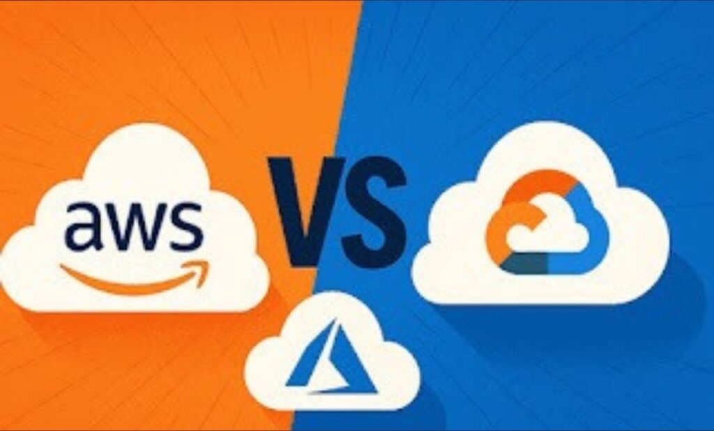 Cloud computing network illustration over a city skyline, representing AWS services and digital connectivity.