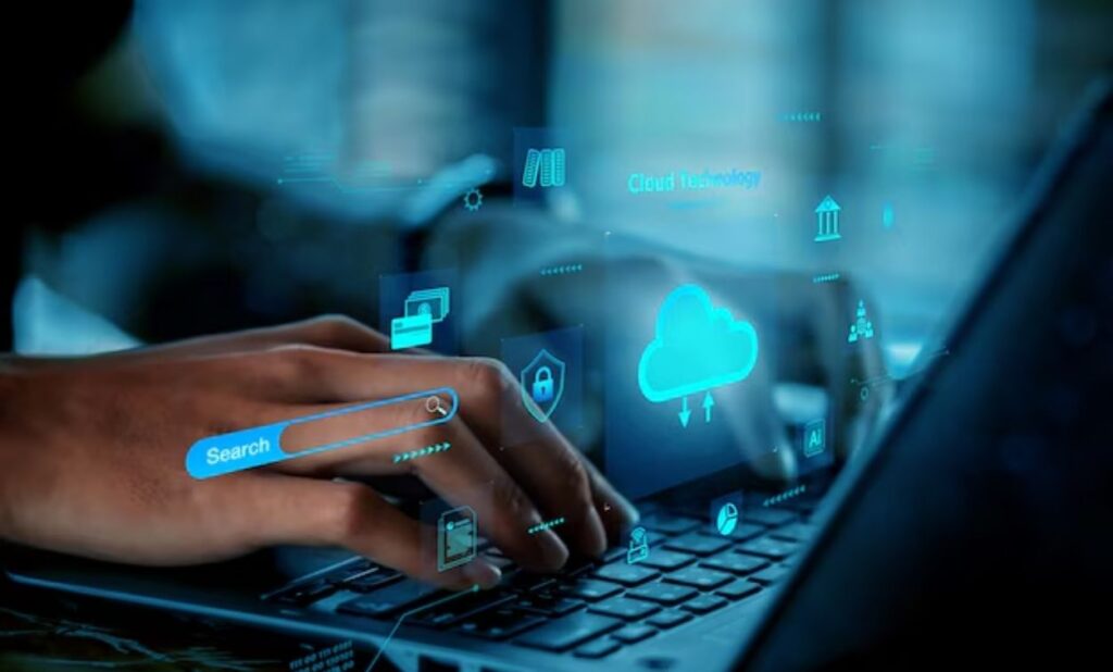 Cloud computing training concept with digital network and data icons, representing courses with placement opportunities in Bangalore.