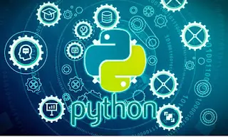 Illustration of Python logo surrounded by technology icons representing programming and object-oriented concepts