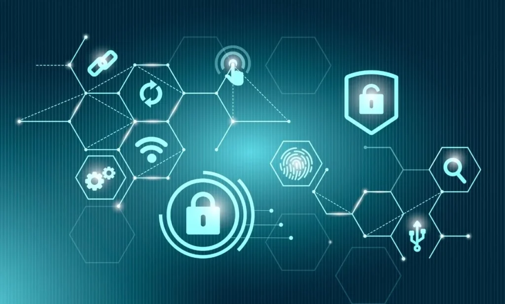Cybersecurity icons with lock, fingerprint, and network connections representing data protection