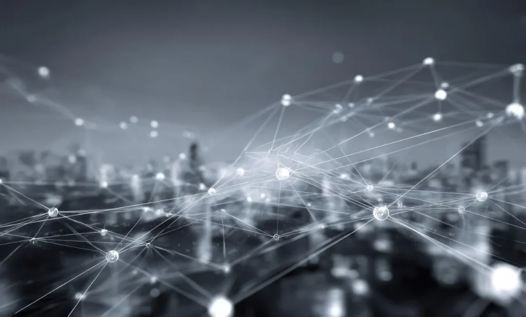 Digital network connections over a city representing IT and networking technology