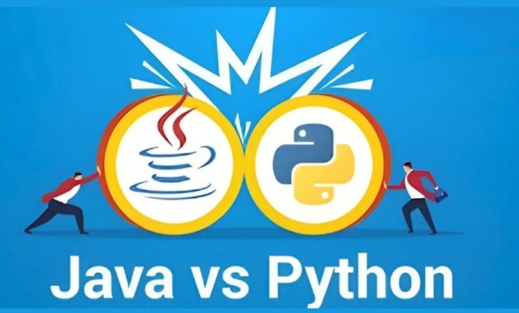 Illustration of Java vs Python logos with people pulling them in opposite directions