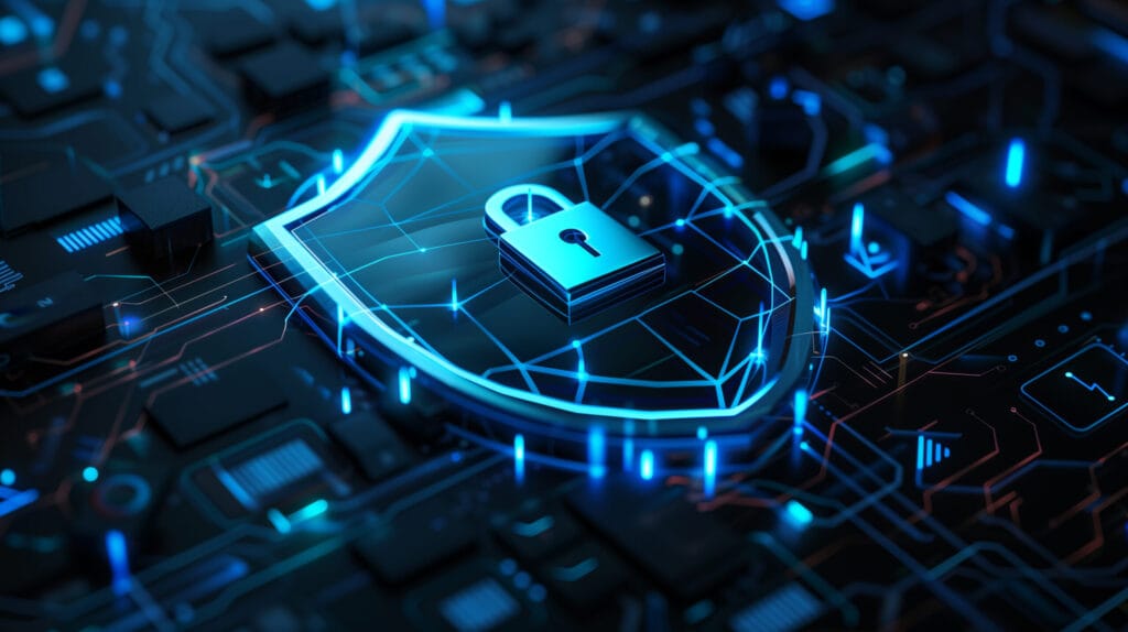 A futuristic illustration representing cybersecurity, featuring a glowing digital shield with a padlock at its center. The image symbolizes data protection, network security, and defense against cyber threats.