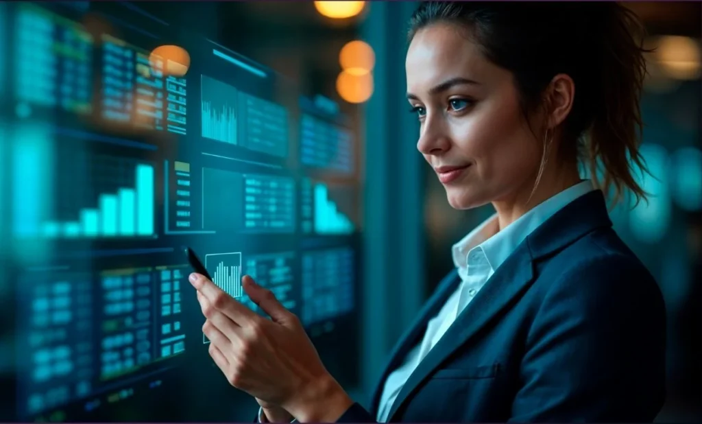 Woman in a business suit using a smartphone while monitoring digital analytics dashboards on large interactive screens.