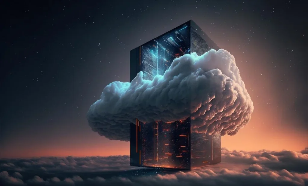 A futuristic glowing server tower rises above the clouds at dusk, partially wrapped in a large illuminated cloud formation against a starry night sky, symbolizing cloud computing and digital infrastructure.
