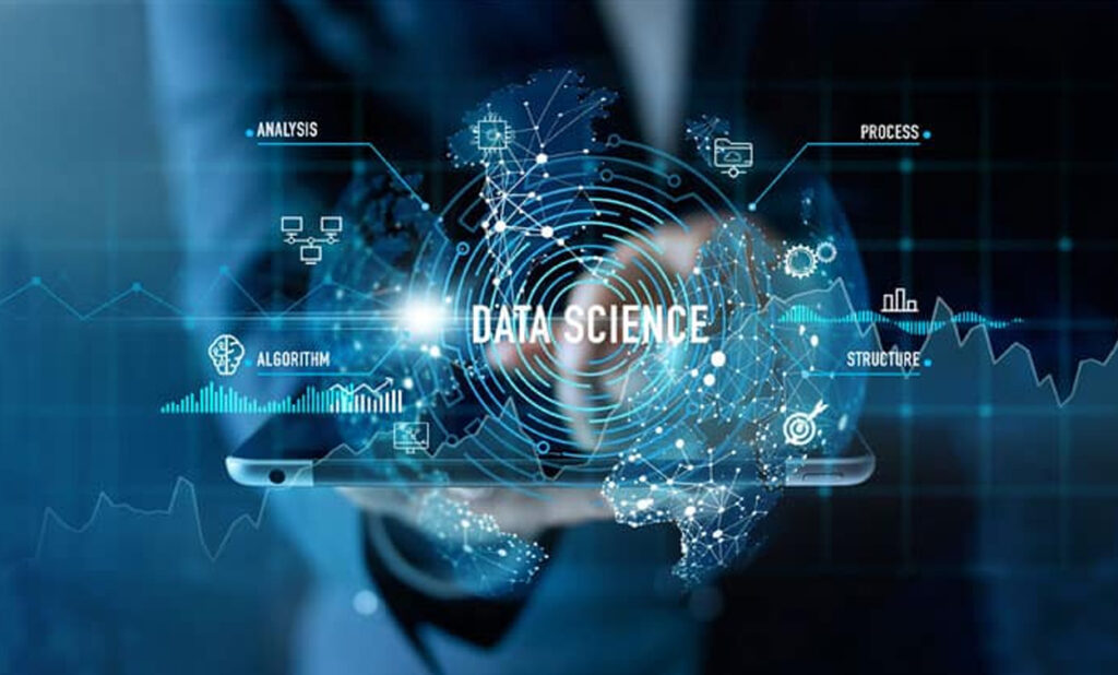 Data science concept with digital analytics, algorithms, data visualization, and technology graphics.