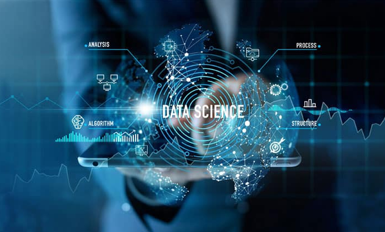Data science concept with digital analytics, algorithms, data visualization, and technology graphics.