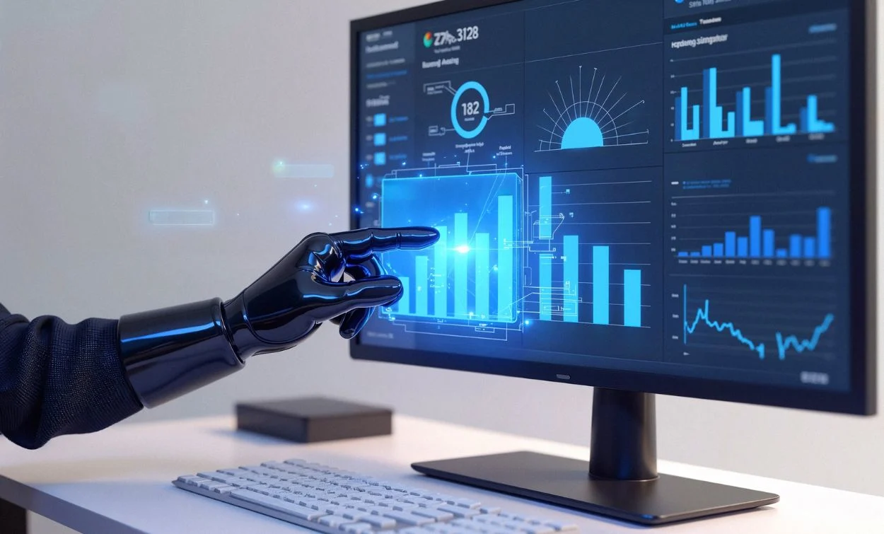 Data analyst using a digital dashboard with charts, graphs, and data visualizations on a computer monitor.