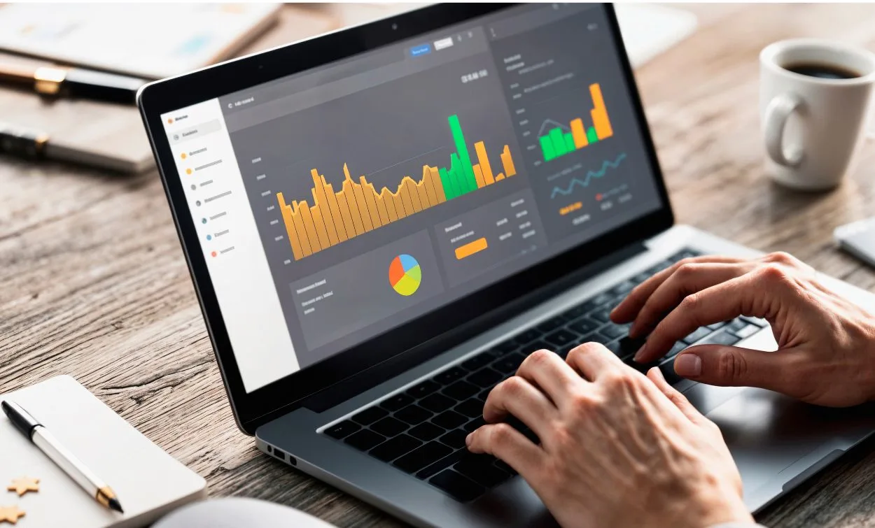 Data analytics dashboard displayed on a laptop showing colorful charts and graphs, with a person working at a desk.